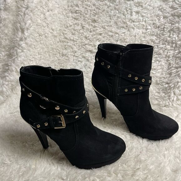 GBG BY GUESS synthetic black suede ankle platform heels boots studs accent SZ9M - Picture 1 of 15